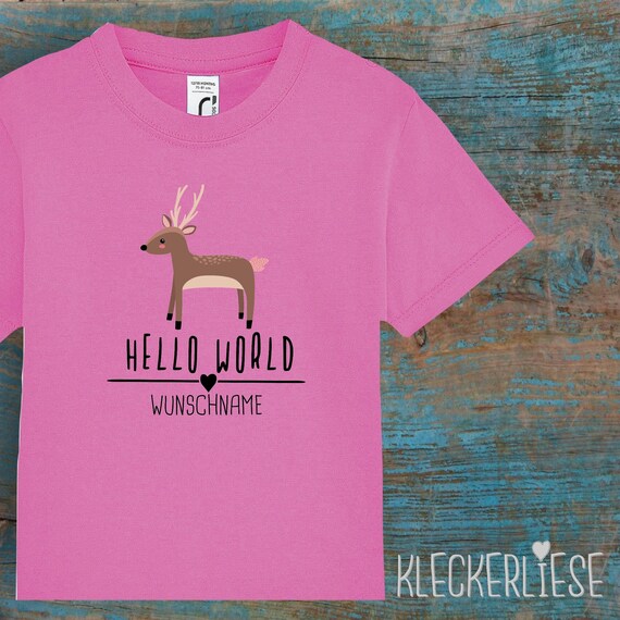 Kinder Baby Shirt mit Wunschname Kleinkind "Hello World Reh Wunschname" T-Shirt Jungen Mädchen