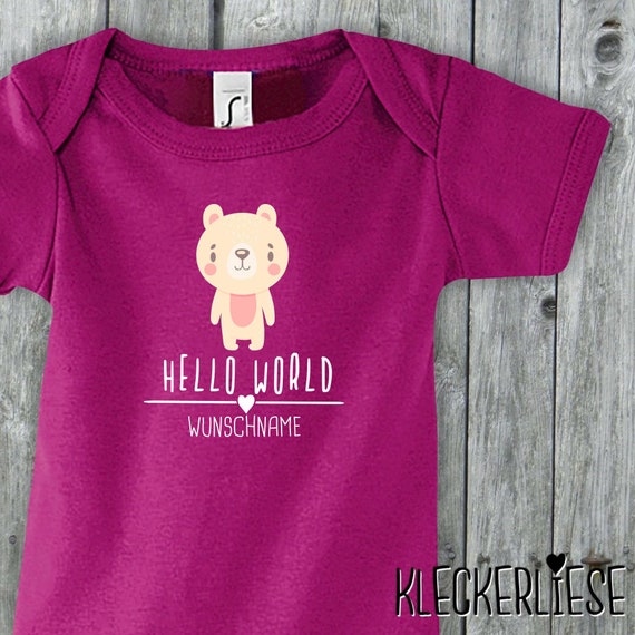 Baby Body mit Wunschname "Hello World Eisbär Wunschname" Babybody Strampler Jungen Mädchen