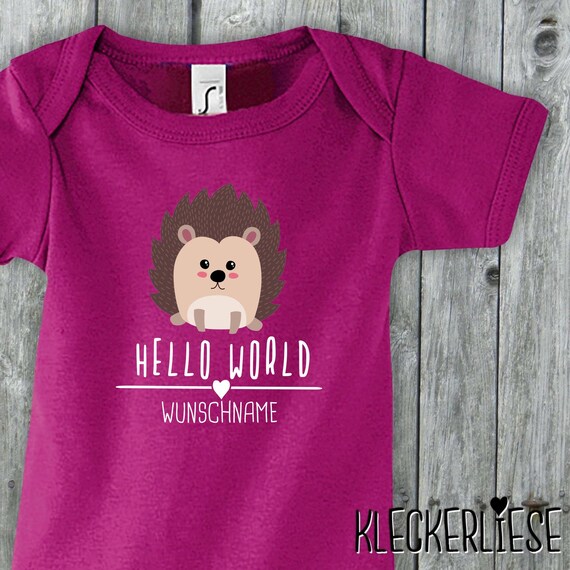 Baby Body mit Wunschname "Hello World Igel Wunschname" Babybody Strampler Jungen Mädchen