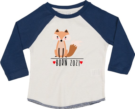 Kleckerliese Baby Kinder T-Shirt Langarmshirt  "Born 2021 Tiermotiv Fuchs" Raglan-Ärmel Jungen Mädchen