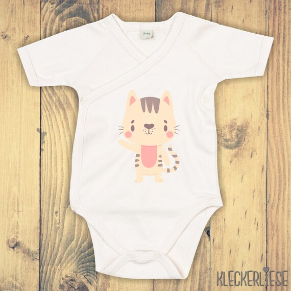 kleckerliese Wickel Baby Body "Tiermotiv Katze Mietze Cat" Babybody Strampler Wickelbody Organic Kimono Kurzarm