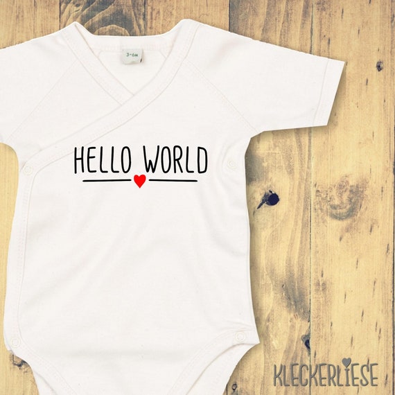 kleckerliese Wickel Baby Body "Hello World Herz" Babybody Strampler Wickelbody Organic Kimono Kurzarm