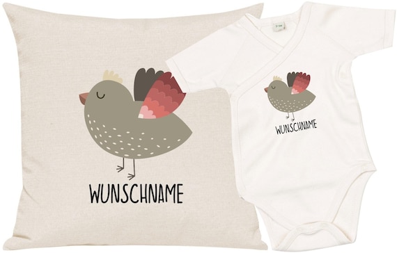 kleckerliese Geschenkset Geburt Kissen Body mit Tiermotiv "Vogel" Fair Wear mit Kissenfüllung