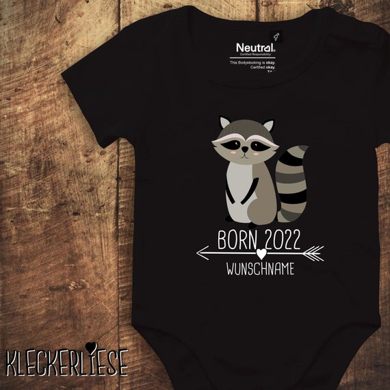 kleckerliese baby bodysuit with desired name "Born 2024 2025 2026... Animal motif desired name name text raccoon" Fair Wear, Organic Baby