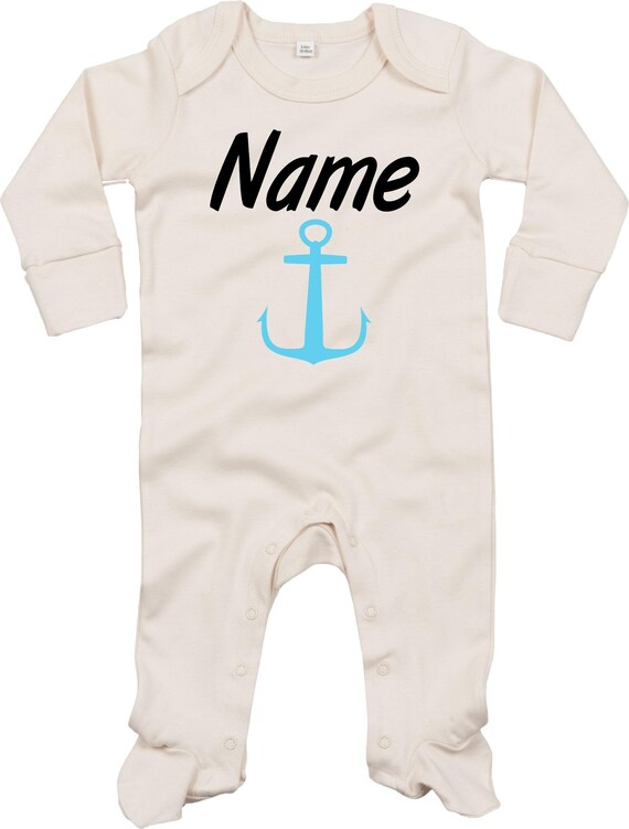 Kleckerliese Baby Schlafanzug mit Wunschnamen "Name Wunschname Anker" Sleepsuit Langarm Jungen Mädchen Einteiler Strampler