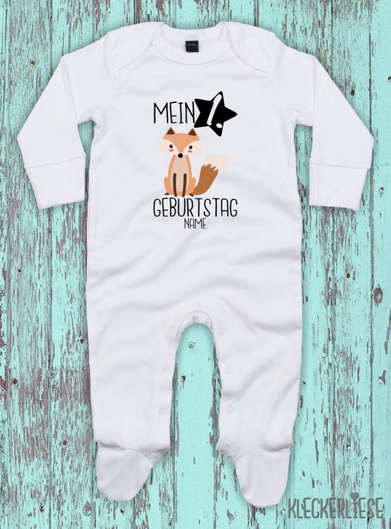 Baby Schlafanzug mit Wunschtext "Mein 1. Geburtstag Fuchs mit Wunschname" Sleepsuit Langarm Jungen Mädchen Einteiler Strampler