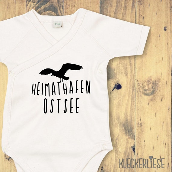 kleckerliese Wickel Baby Body "Heimathafen Ostsee Möwe" Babybody Strampler Wickelbody Organic Kimono Kurzarm