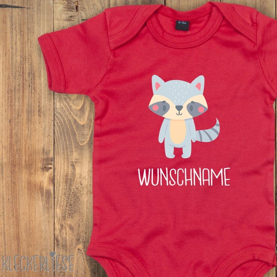 kleckerliese Baby Body "Tiermotiv mit Wunschnamen Waschbär" mit Wunschtext oder Name Babybody Strampler Jungen Mädchen Kurzarm