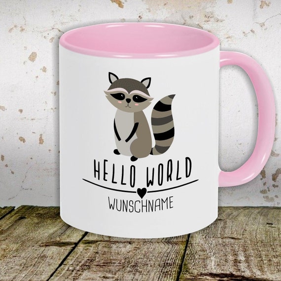 Kaffeetasse mit Wunschnamen Tasse Motiv "Hello World Waschbär Wunschname" Tasse Teetasse Milch Kakao