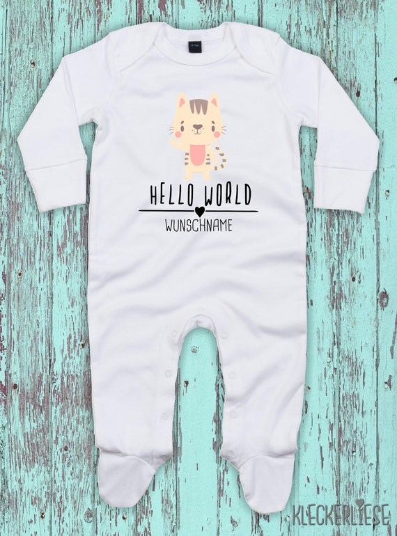 Baby Schlafanzug mit Wunschtext "Hello World Katze Wunschname" Sleepsuit Langarm Jungen Mädchen Einteiler Strampler