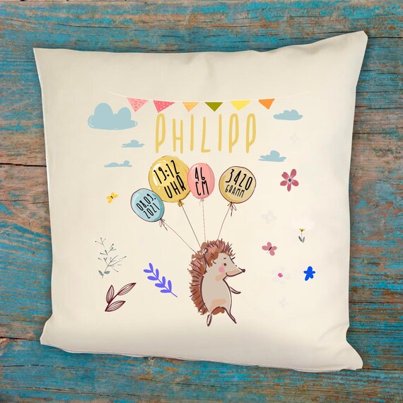 Baby pillow with name motif hedgehog gift for birth gift idea birth gift, baby gift, name pillow baby without filling baptism