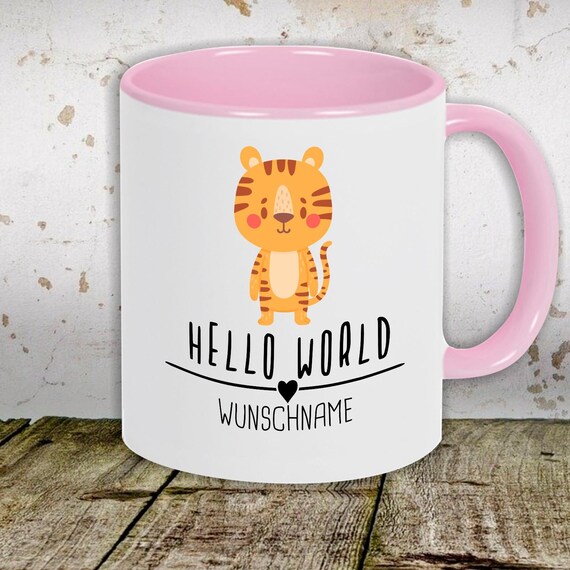 Kaffeetasse mit Wunschnamen Tasse Motiv "Hello World Tiger Wunschname" Tasse Teetasse Milch Kakao