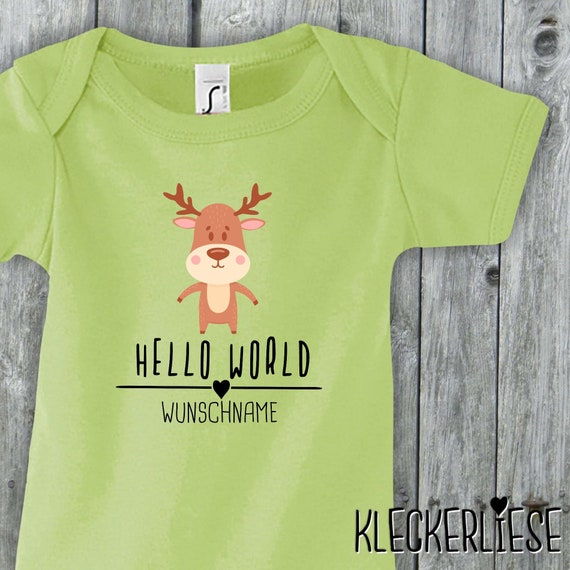 Baby Body mit Wunschname "Hello World Elch Wunschname" Babybody Strampler Jungen Mädchen