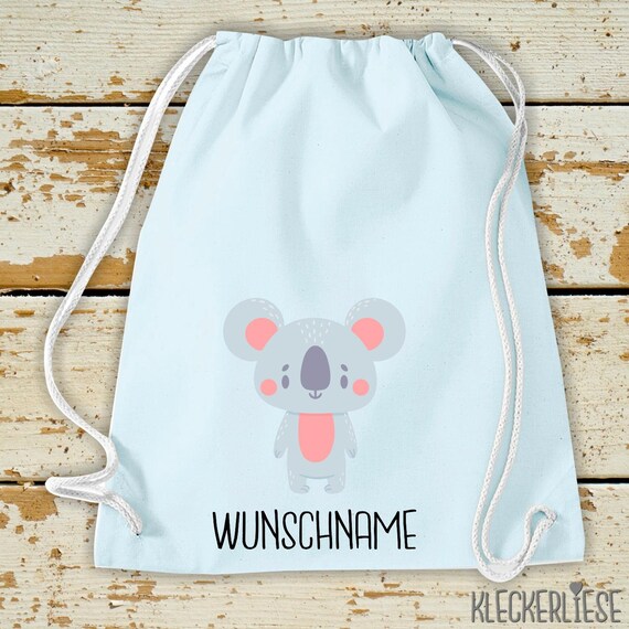 Kleckerliese Gymsack "Tiermotiv mit Wunschnamen Koala" mit Wunschtext oder Namen Rucksack Bag Stoffbeutel Turnbeutel Tragetasche