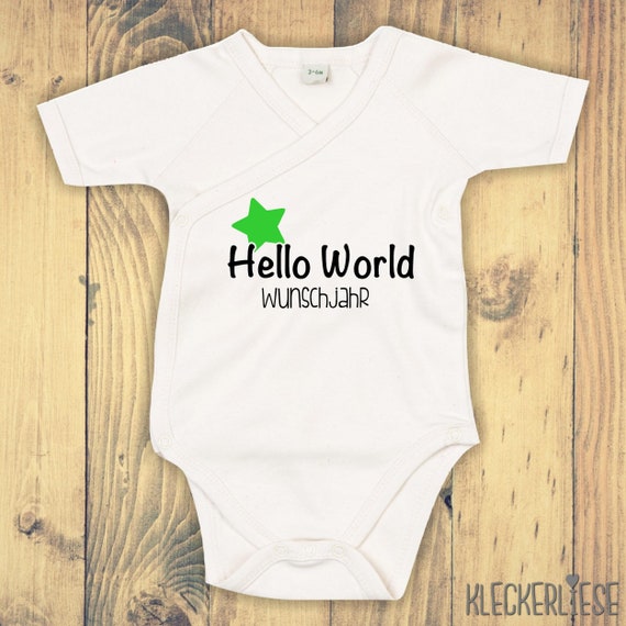 Wickelbody mit Wunschtext "Hello World Stern Wunschjahr" Babybody Strampler Wickelbody Organic Kimono Kurzarm Baby Body