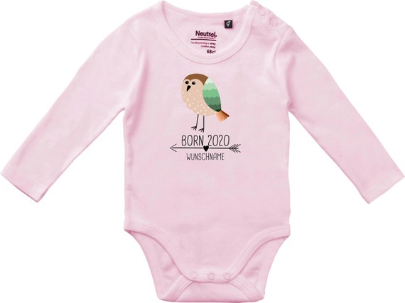 kleckerliese Langarm Babybody "Born 2020 Tiermotiv Pfeil Wunschname Name Text Vogel" mit oder Name Baby Body Jungen Mädchen Fair Wear