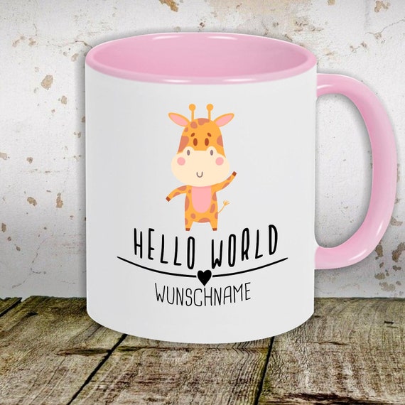 Kaffeetasse mit Wunschnamen Tasse Motiv "Hello World Giraffe Wunschname" Tasse Teetasse Milch Kakao