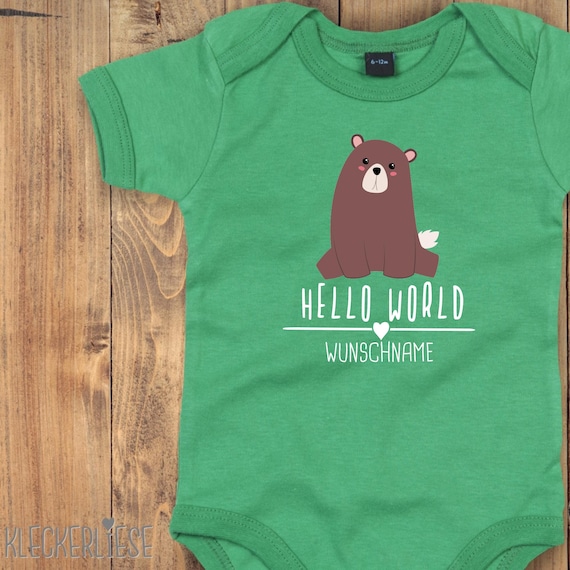 Baby Body mit Wunschtext "Hello World Bär Wunschname" Babybody Strampler Jungen Mädchen Kurzarm