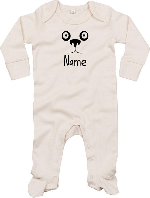 Kleckerliese Baby Schlafanzug mit Wunschnamen "Tiere Pandabär Panda Wunschname" Sleepsuit Langarm Jungen Mädchen Einteiler Strampler