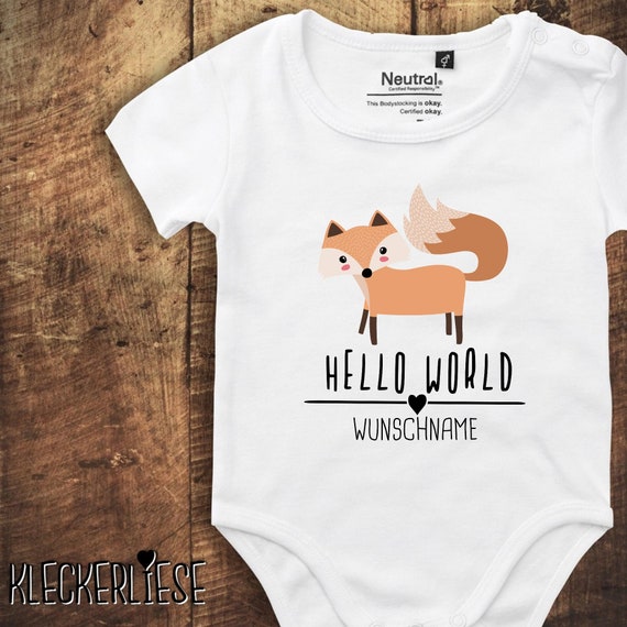 kleckerliese Babybody Body mit Wunschname "Hello World Fuchs Wunschname" Fair Wear, Bio, Organic Baby Jungen Mädchen