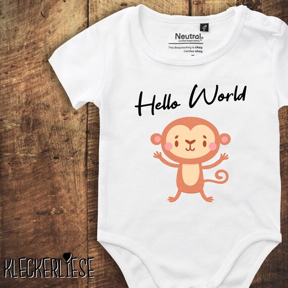 kleckerliese Babybody Body "Hello World Affe" Fair Wear, Bio, Organic Baby Jungen Mädchen