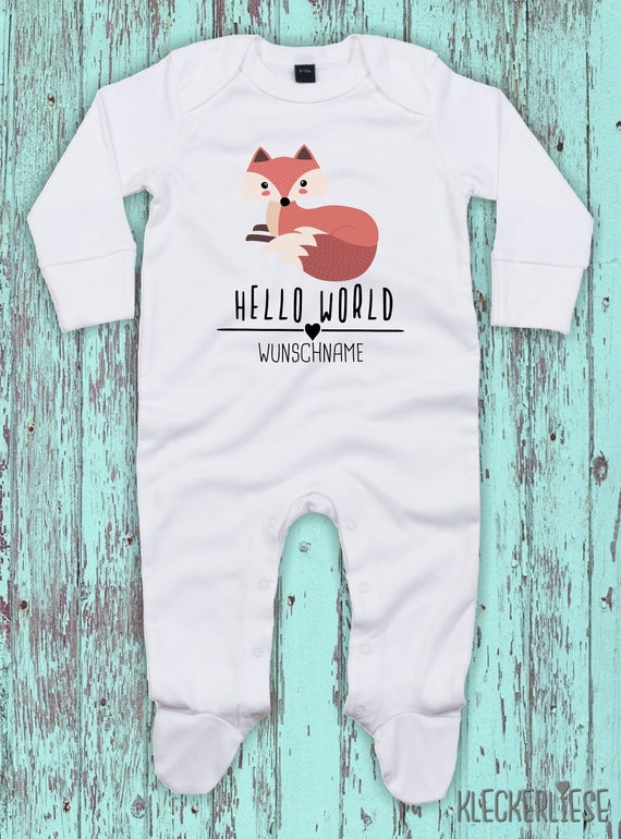 Baby Schlafanzug mit Wunschtext "Hello World Fuchs Wunschname" Sleepsuit Langarm Jungen Mädchen Einteiler Strampler