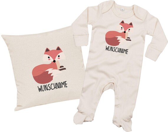 kleckerliese Geschenkset Geburt Kissen Schlafanzug mit Tiermotiv "Fuchs" Fair Wear mit Kissenfüllung