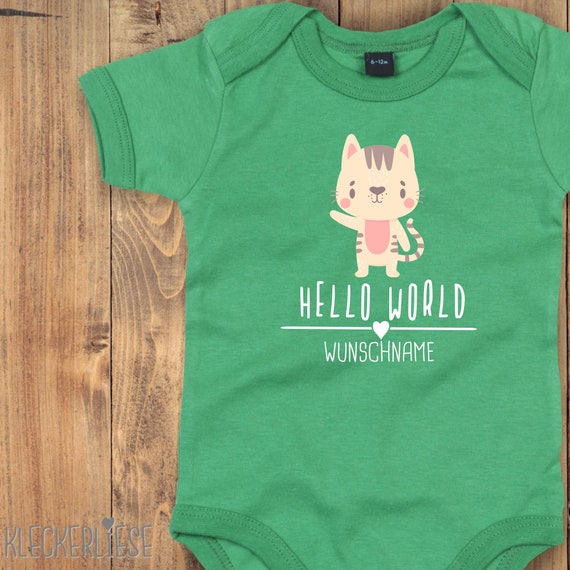 Baby Body mit Wunschtext "Hello World Katze Wunschname" Babybody Strampler Jungen Mädchen Kurzarm