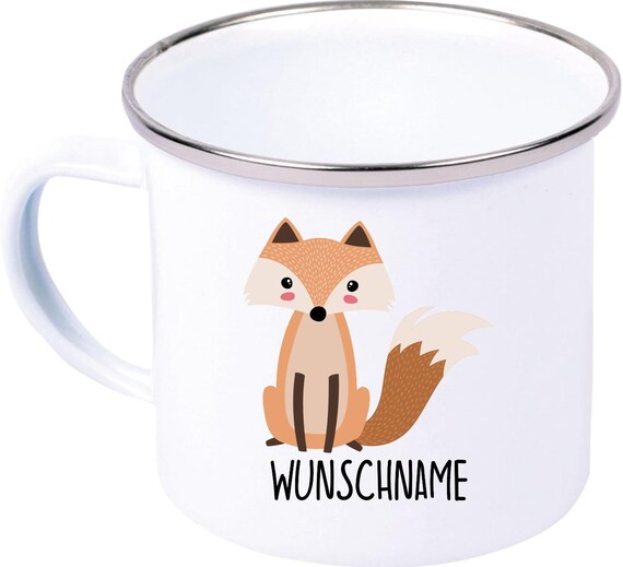 kleckerliese Emaille Kindertasse mit Wunschnamen Teetasse Tasse Motiv Tiermotive Tiere mit Camping Zelten Retro Becher