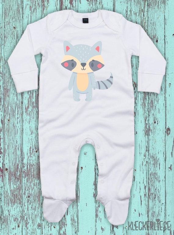 Kleckerliese Baby Schlafanzug "Tiermotiv Waschbär" Sleepsuit Langarm Jungen Mädchen Einteiler Strampler