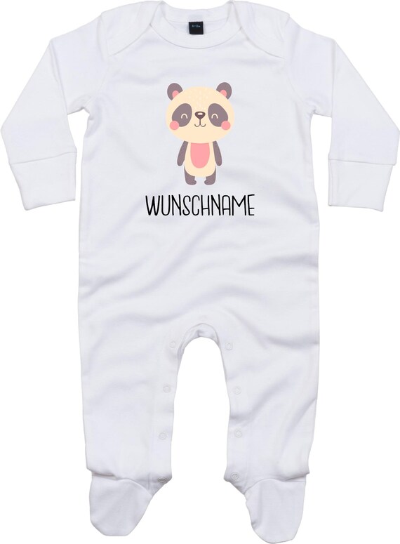 Kleckerliese Baby Schlafanzug mit Wunschnamen "Tiermotiv mit Wunschnamen Panda Pandabär" Sleepsuit Langarm Einteiler Strampler