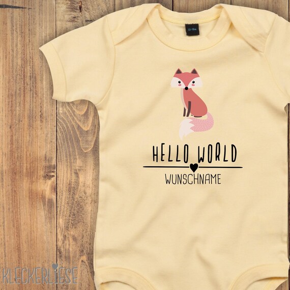 Baby Body mit Wunschtext "Hello World Fuchs Wunschname" Babybody Strampler Jungen Mädchen Kurzarm