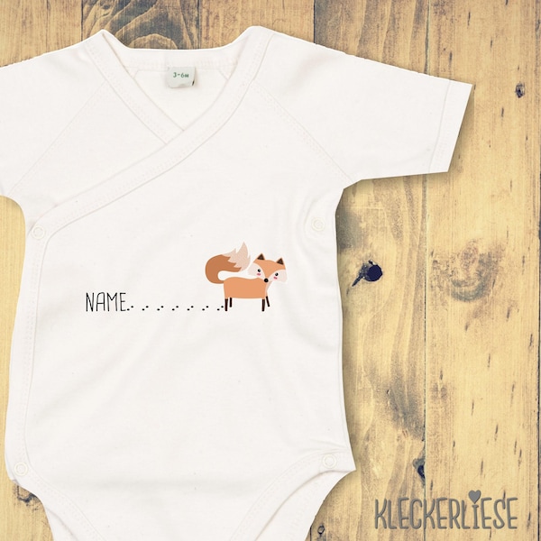 kleckerliese Wickel Baby Body "Wunschname Fuchs mit Spur Name Fox" mit Wunschtext Babybody Strampler Wickelbody Organic Kimono Kurzarm