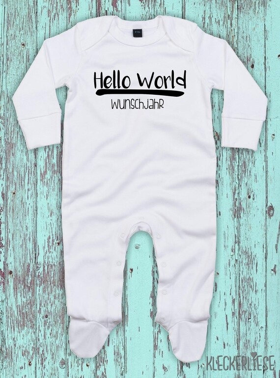 Baby Schlafanzug mit Wunschtext "Hello World Wunschjahr" Sleepsuit Langarm Jungen Mädchen Einteiler Strampler