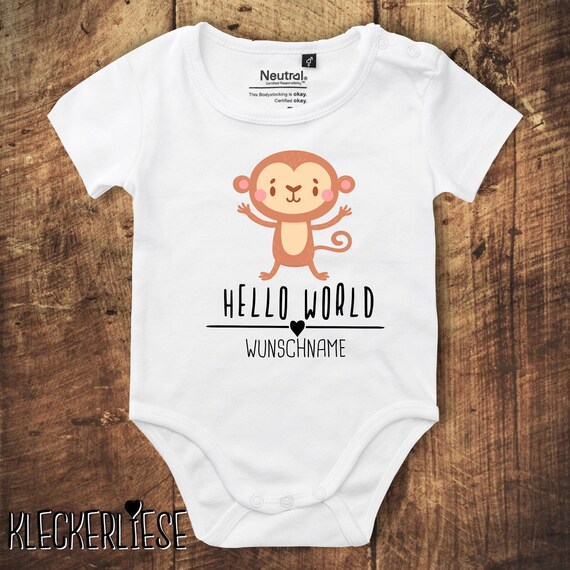 kleckerliese Babybody Body mit Wunschname "Hello World Affe Wunschname" Fair Wear, Bio, Organic Baby Jungen Mädchen