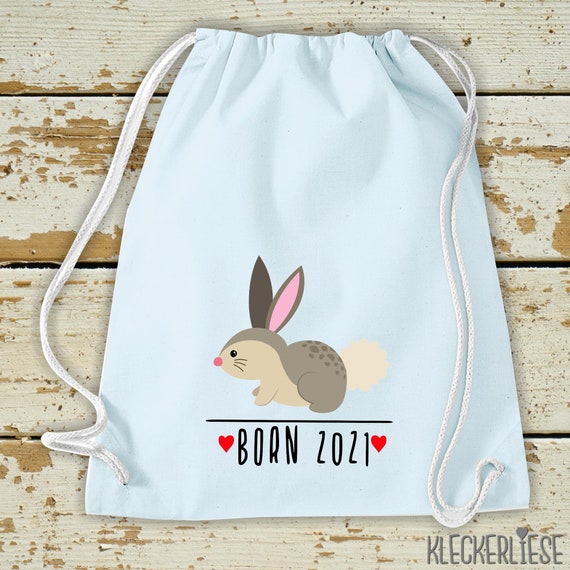 Kleckerliese Kinder Gymsack "Born 2021 Tiermotiv Hase " mit Wunschjahr Rucksack Bag Stoffbeutel Turnbeutel Tragetasche