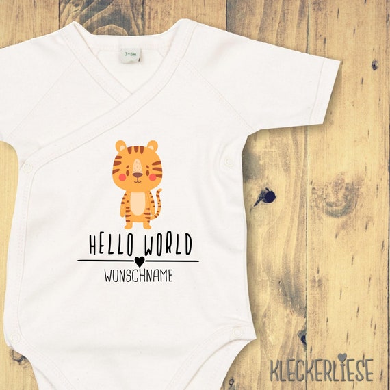 Wrap body with desired text "Hello World Tiger Wish Name" Babybody Romper Wrap Body Organic Kimono Short Sleeve Baby Body