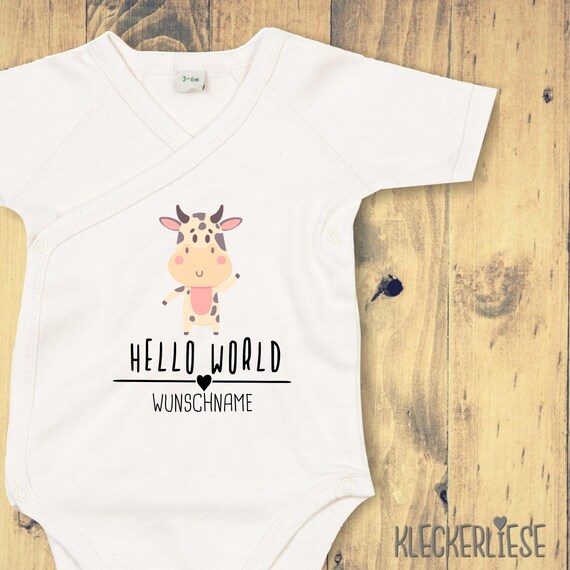 Wickelbody mit Wunschtext "Hello World Kuh Wunschname" Babybody Strampler Wickelbody Organic Kimono Kurzarm Baby Body