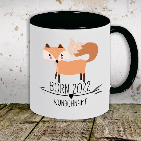 Kaffeetasse mit Wunschnamen Tasse Motiv "Born 2022 Tiermotiv Pfeil Wunschname Name Text Fuchs" Tasse Teetasse Milch Kakao