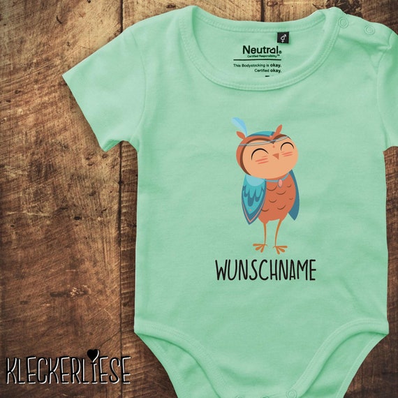 kleckerliese Babybody Body "Eule Tiermotiv Wunschname" Fair Wear Strampler Baby Junge Mädchen