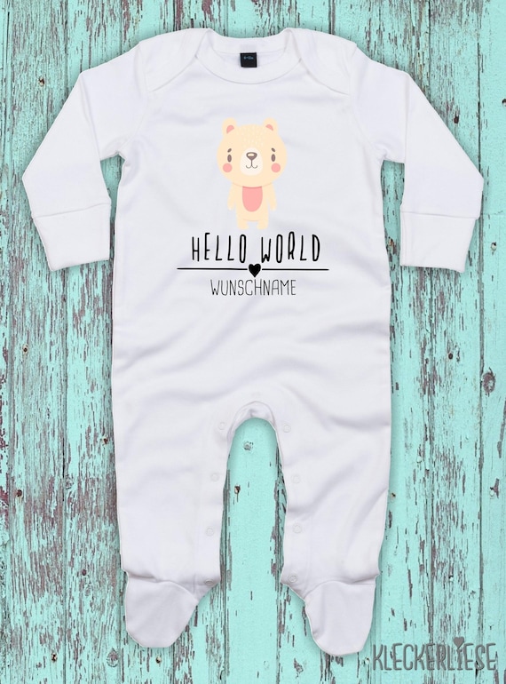 Baby Schlafanzug mit Wunschtext "Hello World Eisbär Wunschname" Sleepsuit Langarm Jungen Mädchen Einteiler Strampler