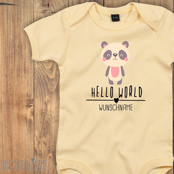 Baby Body mit Wunschtext "Hello World Pandabär Wunschname" Babybody Strampler Jungen Mädchen Kurzarm
