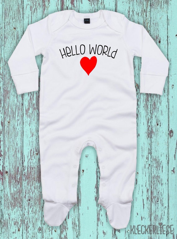 Kleckerliese Baby Schlafanzug "Hello World Herz" Sleepsuit Langarm Jungen Mädchen Einteiler Strampler