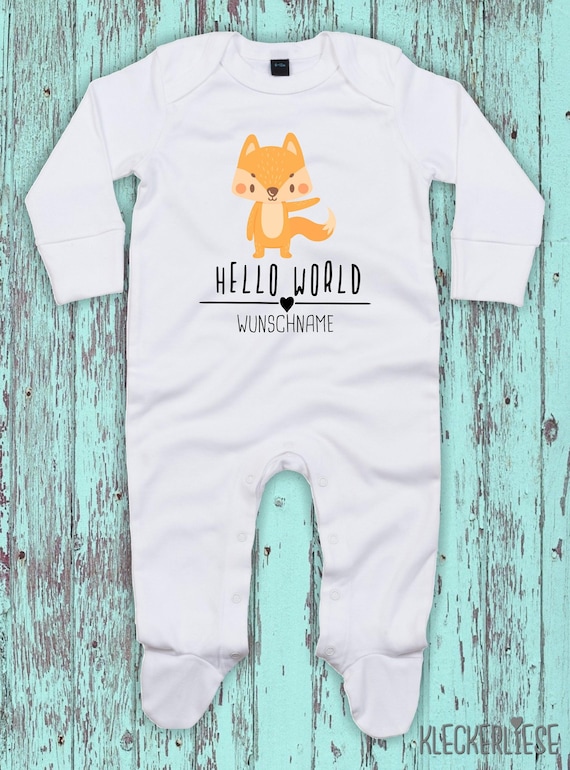 Baby Schlafanzug mit Wunschtext "Hello World Fuchs Wunschname" Sleepsuit Langarm Jungen Mädchen Einteiler Strampler