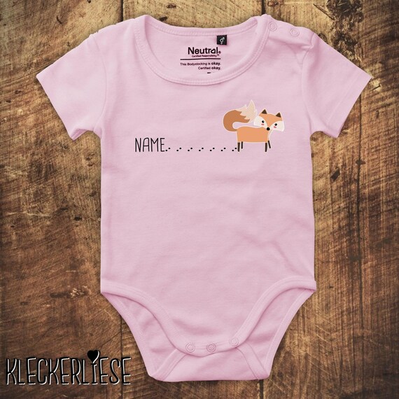 kleckerliese Babybody Body "Wunschname Fuchs mit Spur Name Fox" mit Wunschtext oder Namen Fair Wear Jungen Mädchen