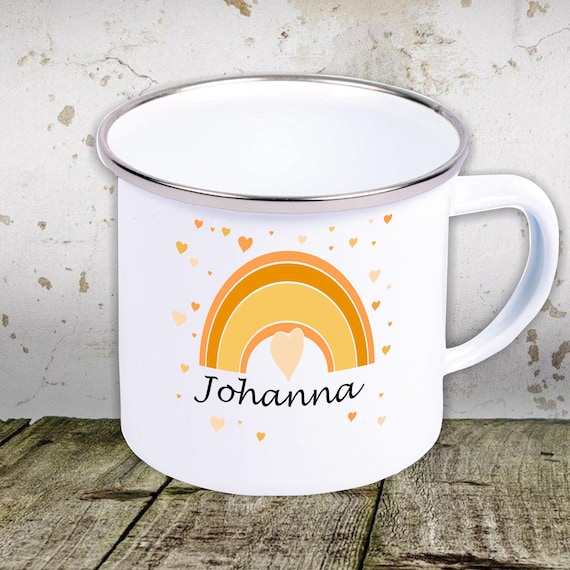 kleckerliese Emaille Kindertasse mit Regenbogen Wunschnamen Teetasse Tasse Motiv Camping Zelten Retro Becher