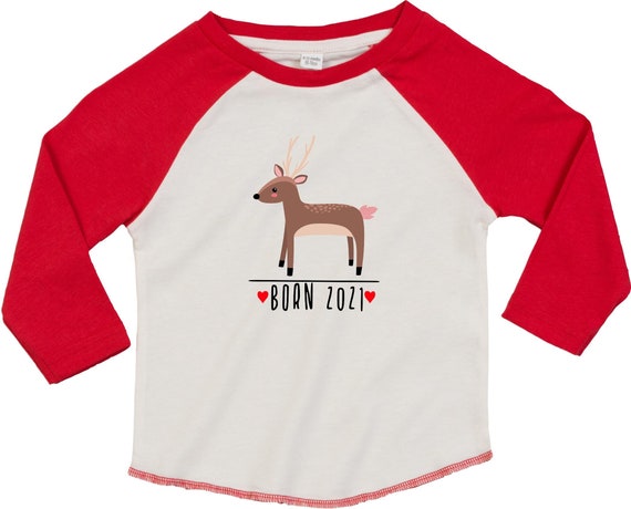Kleckerliese Baby Kinder T-Shirt Langarmshirt  "Born 2021 Tiermotiv Reh" Raglan-Ärmel Jungen Mädchen