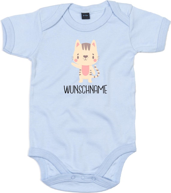 kleckerliese Baby Body "Tiermotiv mit Wunschnamen Katze Mietze Cat" mit Wunschtext oder Name Babybody Strampler Jungen Mädchen Kurzarm