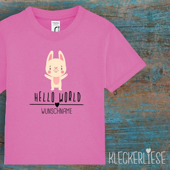 Kinder Baby Shirt mit Wunschname Kleinkind "Hello World Hase Wunschname" T-Shirt Jungen Mädchen