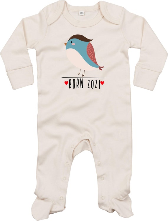 Kleckerliese Baby Schlafanzug "Born 2021 Tiermotiv Vogel" Sleepsuit Langarm Jungen Mädchen Einteiler Strampler